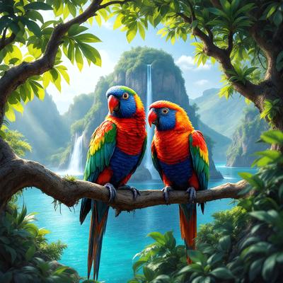 The primary subject of the image is a pair of colorful parrots perched on a tree branch. The setting is a lush, tropical environment with a waterfall in the background. The visual style is a digital art or illustration, creating a vibrant and lively atmosphere. The dominant colors are green, red, and blue, which contribute to the overall mood of the scene.